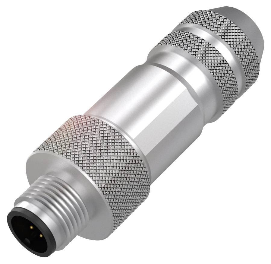 Ein silberner, zylindrischer Metalladapter mit geriffelten Griffflächen und einer vertieften Öffnung an einem Ende.