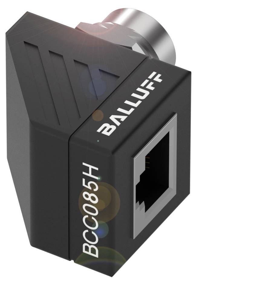 Industriekamera mit der Aufschrift 'BALLUFF' und 'BCC085H', zeigt eine Ethernet-Schnittstelle.