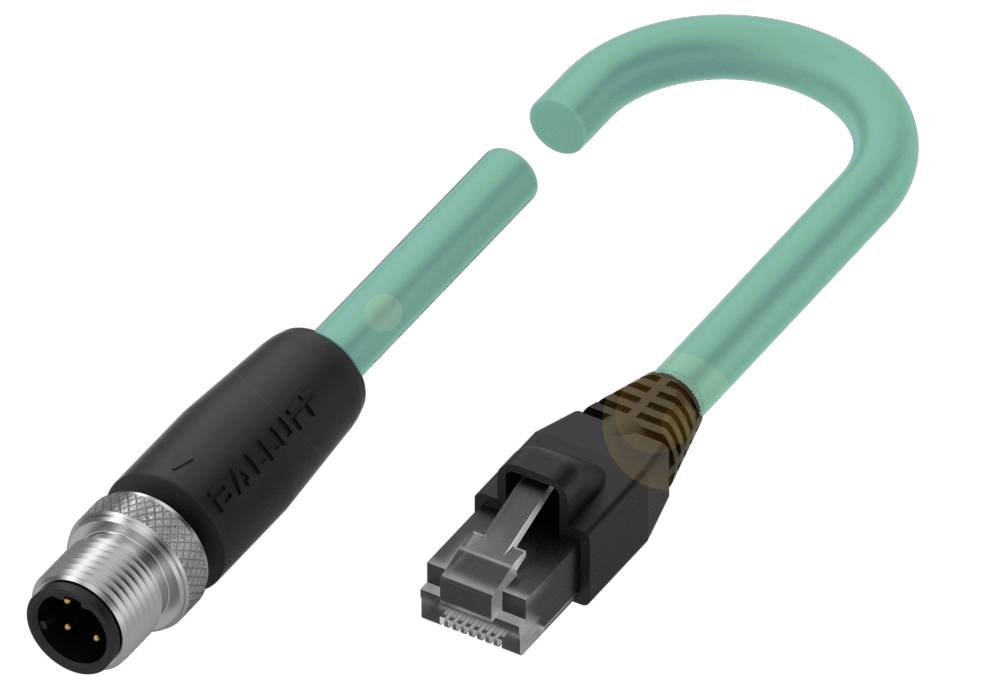 Ein türkisfarbenes Kabel mit einem Rundstecker links und einem RJ-45-Stecker rechts, dient zur industriellen Datenübertragung.