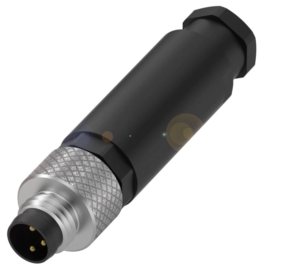 Ein schwarzer, zylindrischer Stecker mit Metallgewinde und drei sichtbaren Steckerkontakten, typischerweise für industrielle Anwendungen.