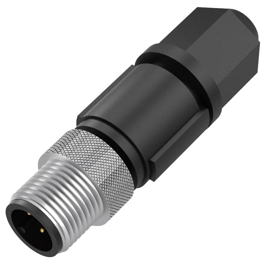 Ein schwarzer Steckverbinder mit geriffeltem Metallgewinde und zwei sichtbaren Pins, geeignet für industrielle Anwendungen.