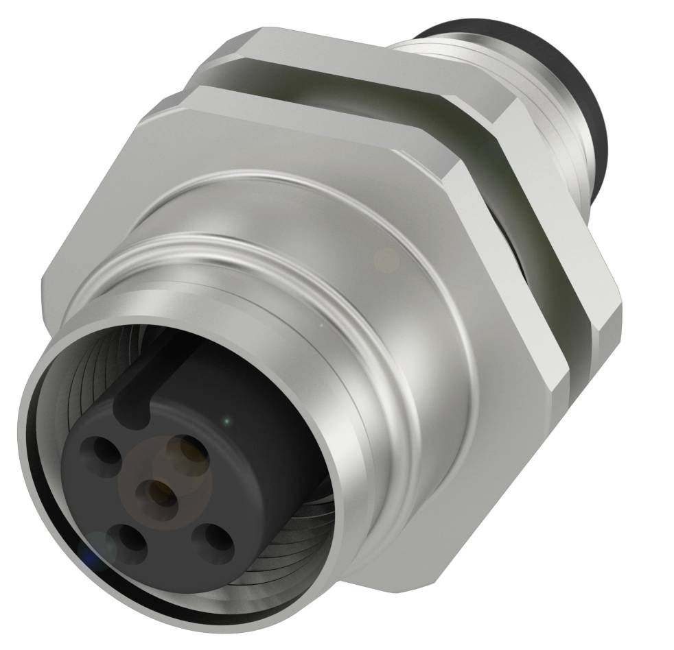 Metallischer, zylindrischer Stecker mit mehreren Anschlusspunkten. Verwendet zur elektrischen Verbindung in industriellen Anwendungen.