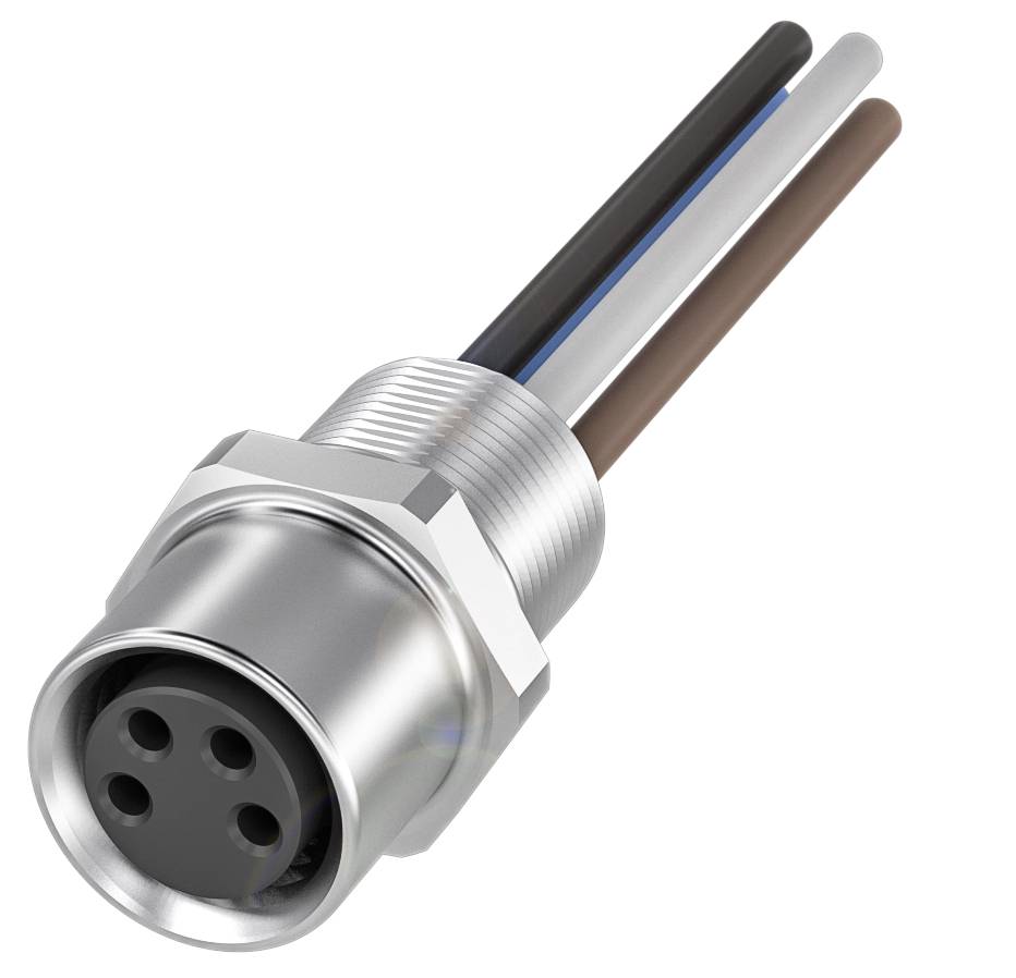 Ein runder Metallstecker mit vier farbigen Kabeln (schwarz, weiß, blau, braun) zur elektrischen Verbindung.
