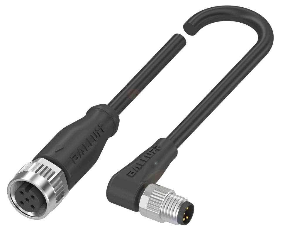 Zwei schwarze elektrische Kabel mit runden Anschlüssen, eines mit einem geraden und das andere mit einem abgewinkelten Stecker.
