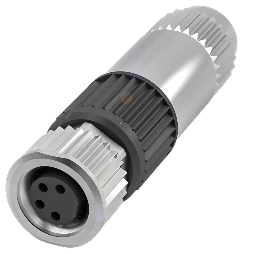 Ein silberner Steckverbinder mit vier Pins, geeignet für industrielle Anwendungen oder Elektronik. Seitenansicht, stark vergrößert.