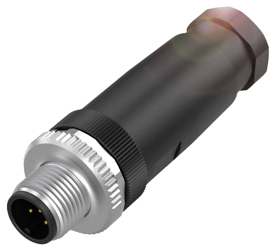 Schwarzer zylindrischer Stecker mit Metallgewinde vorne und mehreren Innenstiften.