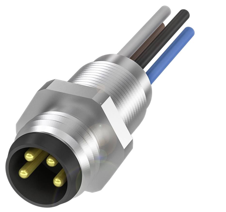 Metallsteckverbinder mit vier farbigen Kabeln (grau, braun, blau, schwarz) ragt aus einer silbernen Metallkappe heraus.