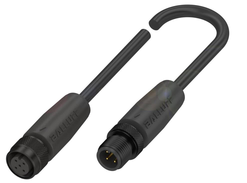 Zwei schwarze Steckverbinder: links eine Buchse mit vier Löchern, rechts ein Stecker mit vier Stiften, beide mit Kabel.