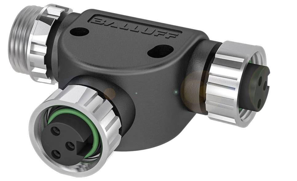 Ein schwarzes, T-förmiges elektrisches Verbindungselement mit drei runden Anschlüssen und silbernen Gewinden.