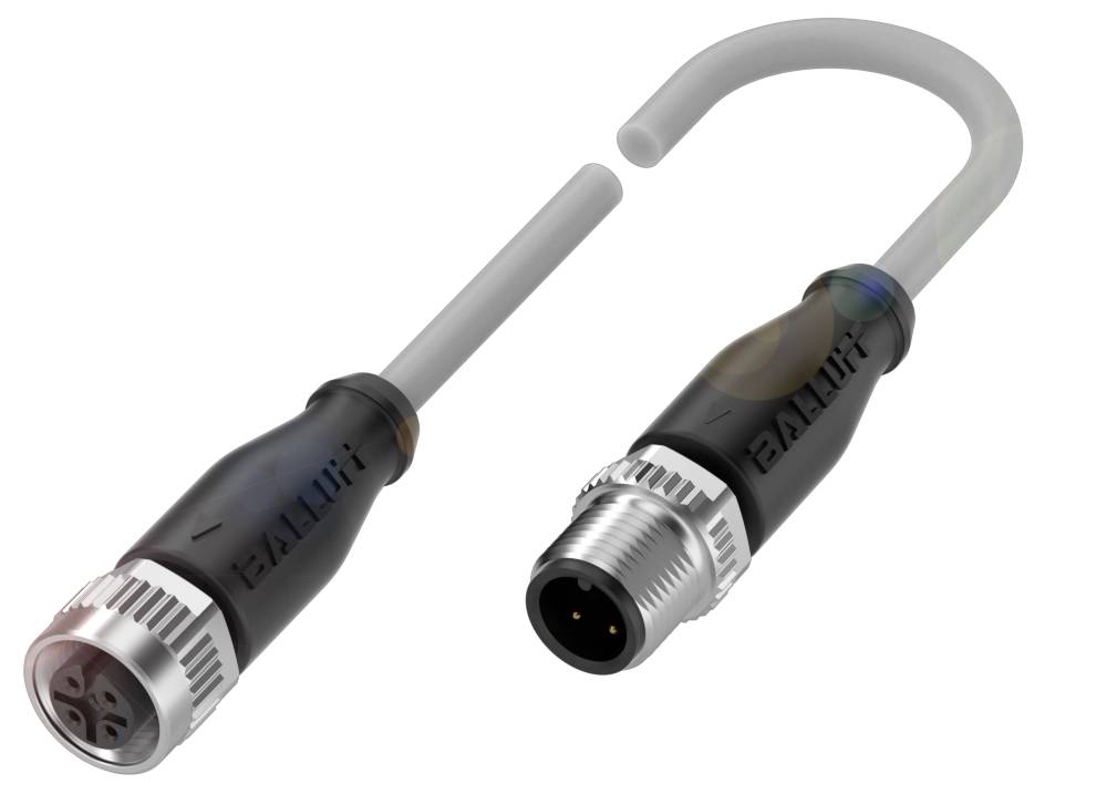 M12-Kabelstecker, schwarz mit silbernen Metallringen, zeigt männlichen und weiblichen Anschluss. Verwendet für industrielle Signalverbindungen.