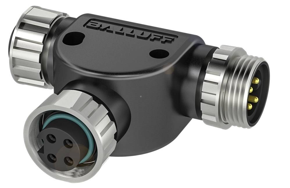 Ein T-förmiger M12-Verteilerstecker in schwarzem Gehäuse mit silbernen Schraubkappen, geeignet für industrielle Anwendungen.