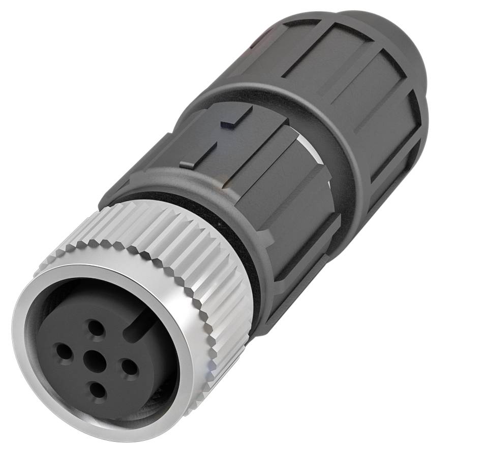 Ein schwarzer, zylindrischer Steckverbinder mit Metallgewinde und mehreren Kontaktbuchsen, für Industrieanwendungen geeignet.