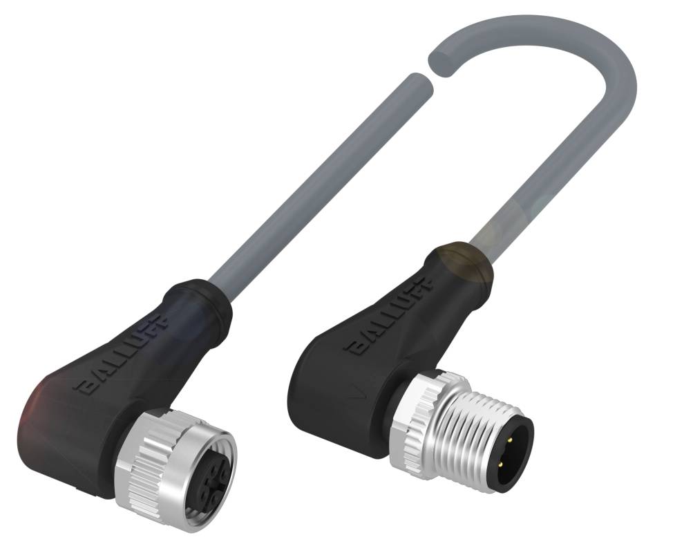 Zwei Winkelsensorstecker mit runden Metallverbindungen und Kabeln, geeignet für industrielle Anwendungen.