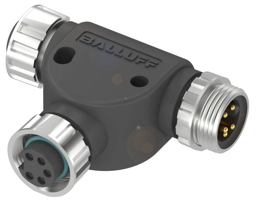 Ein schwarzes T-Stück-Steckverbinder von Balluff mit silbernen Rändern und mehreren runden Anschlüssen an den Enden.