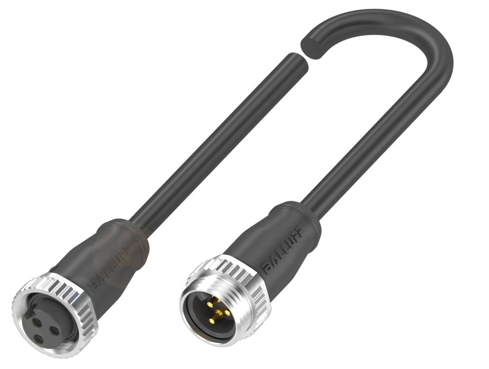 Zwei schwarze, robuste M12-Steckverbinder mit metallischen Schraubverschlüssen, ein männlicher und ein weiblicher Anschluss, verbunden durch ein kurzes Kabel.