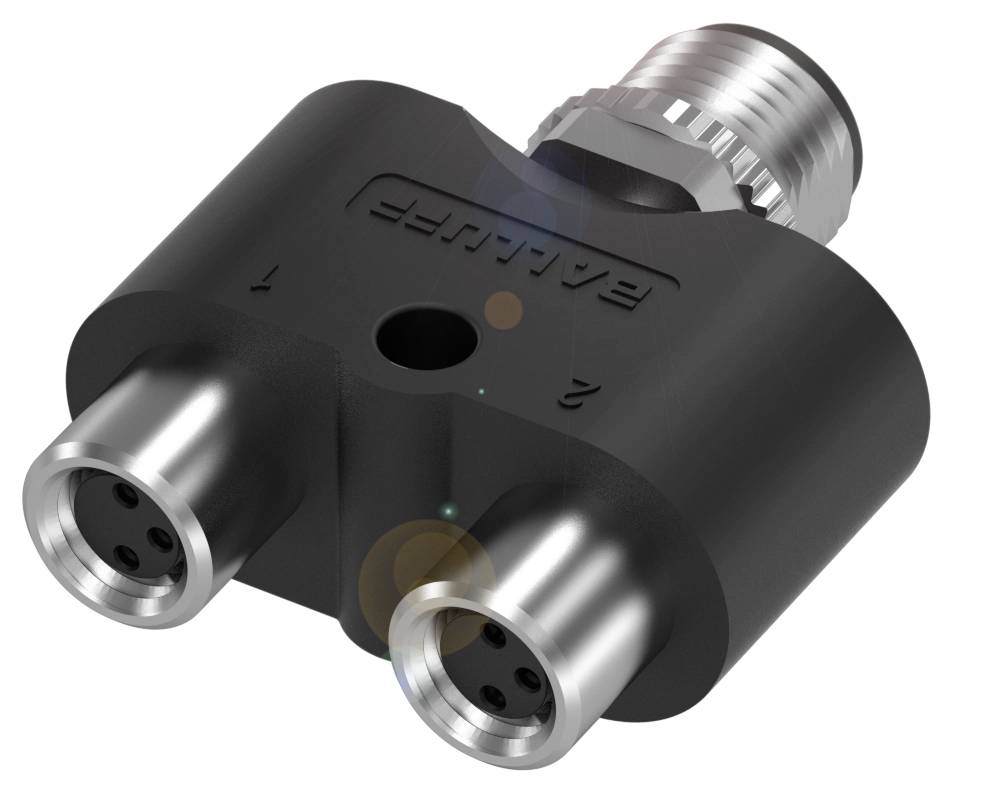 Schwarzer M12 T-Splitter mit zwei Buchsen und einem Stecker aus Metall, verwendet für industrielle Sensor- oder Stromanschlüsse.