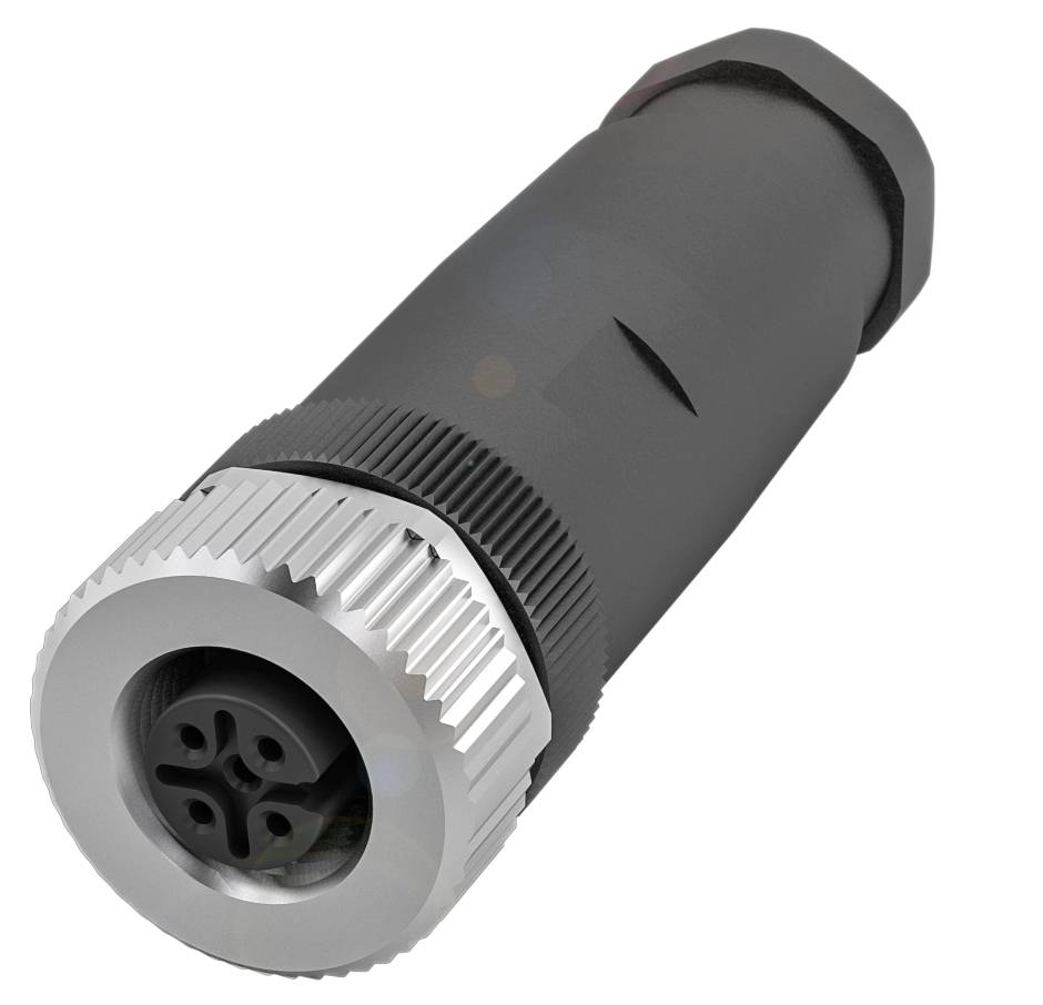 Schwarzer, zylinderförmiger Stecker mit silbernem, gerändeltem Metallring vorne und kreuzförmiger Steckfläche, geeignet für robuste Verbindungen.