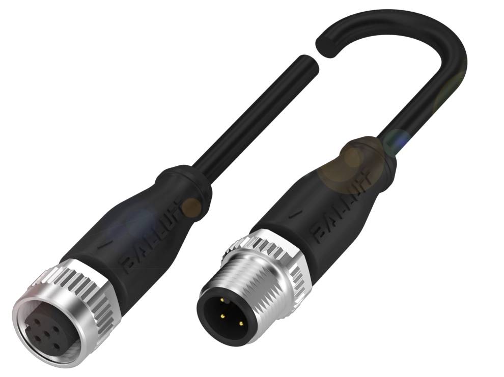 Darstellung von zwei M12-Steckverbindern: links mit Buchse, rechts mit Stecker. Beide sind schwarz mit metallischen Schraubverschlüssen.