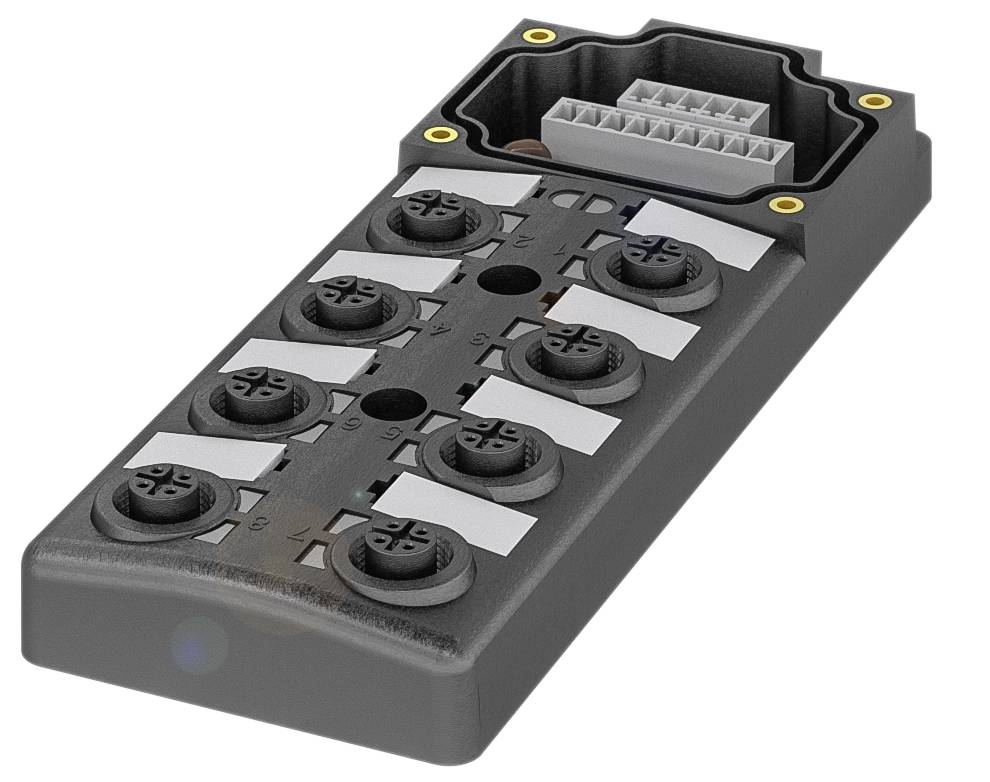 Schwarzes elektronisches Modul mit mehreren Steckplätzen und einem großen grauen Anschluss oben.