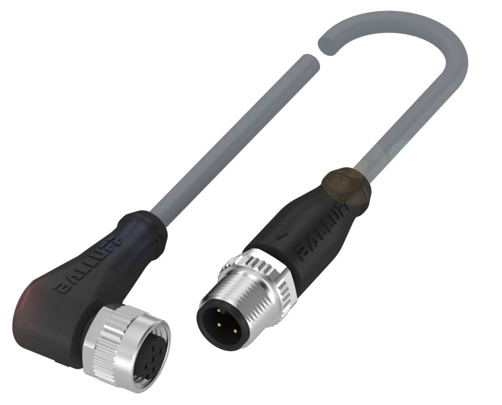 M12-Steckverbinder mit gewinkeltem und geradem Anschluss. Dreipolig, geeignet für industrielle Anwendungen. Kabel grau mit schwarzem Gehäuse.