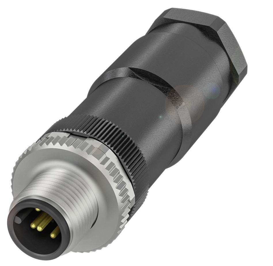 Schwarzer, zylindrischer elektrischer Stecker mit vier goldenen Kontaktstiften, geeignet für industrielle Anwendungen.