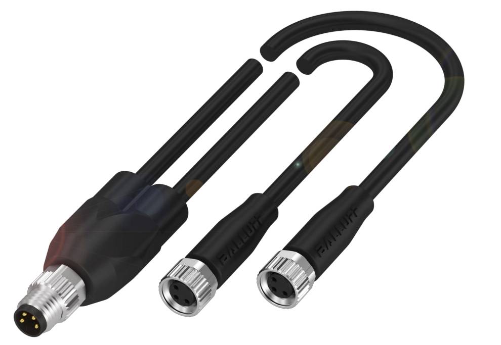 Zwei Sensorleitungsanschlüsse, einer gebogen und einer gerade, verbunden mit einem Verteileradapter. Geeignet für industrielle Anwendungen.