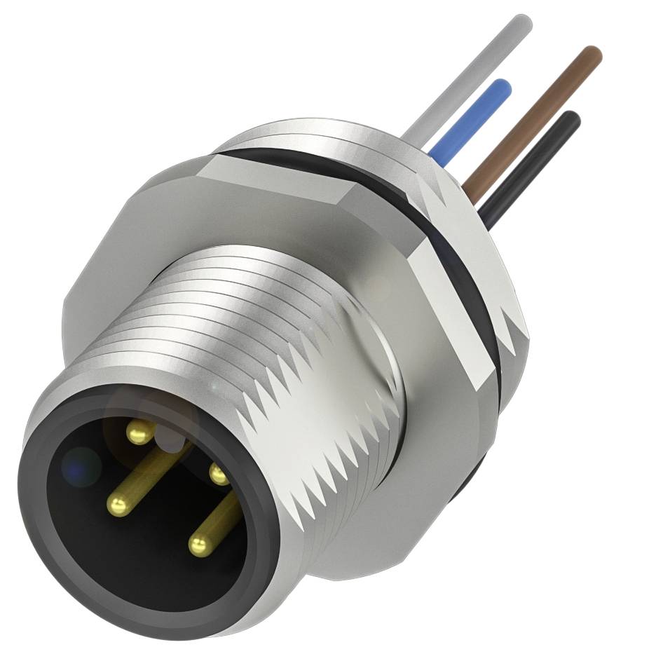 Ein runder Metallstecker mit vier herausragenden Kabeln, die unterschiedliche Farben haben. Der Stecker hat goldene Kontaktstifte.