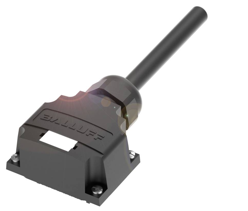 Ein schwarzer, rechteckiger Sensor mit langem Stiel. Text 'Balluff' ist auf der Oberfläche sichtbar. Wird zur Erkennung verwendet.