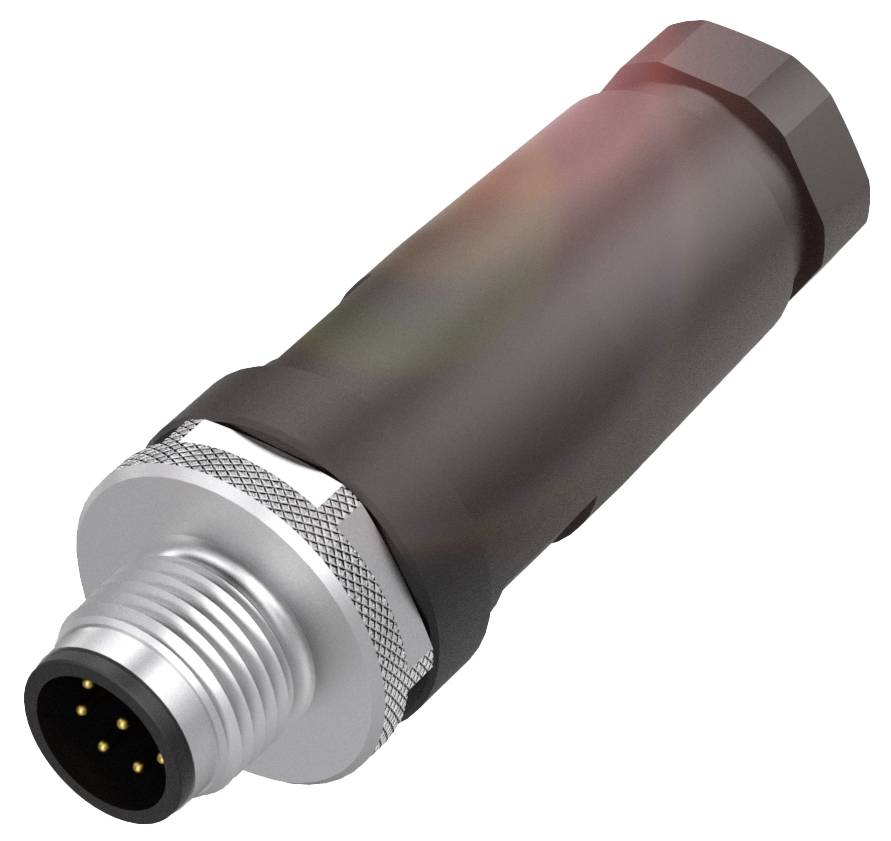 Elektronischer Steckverbinder mit robustem, zylindrischem Gehäuse und Metallgewinde. Geeignet für industrielle Anwendungen.