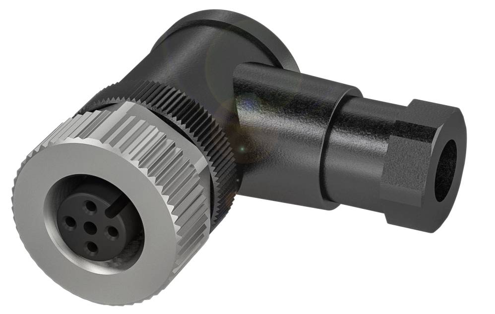 Ein Winkelstecker mit einem metallischen Gewinde und vier Steckplätzen. Geeignet für industrielle Anwendungen mit robuster Bauweise.