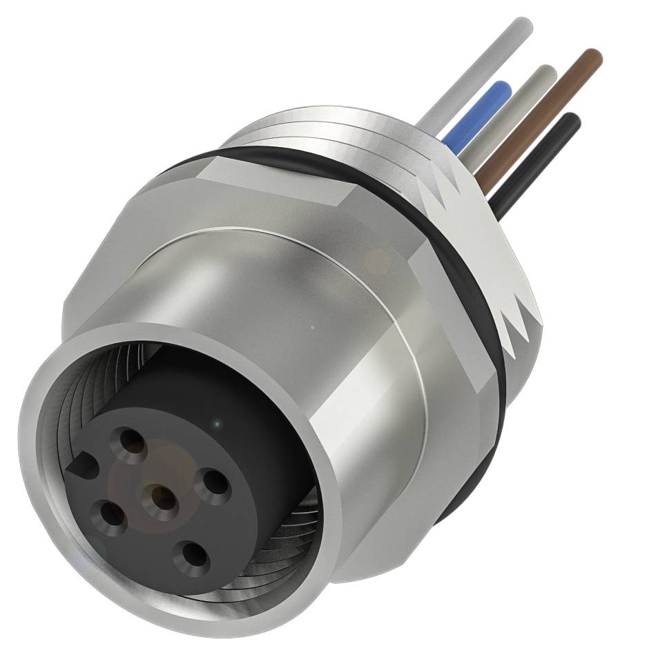 Zylindrischer elektrischer Steckverbinder mit fünf farbigen Kabeln: schwarz, blau, braun, grau und weiß. Geeignet für industrielle Anwendungen.