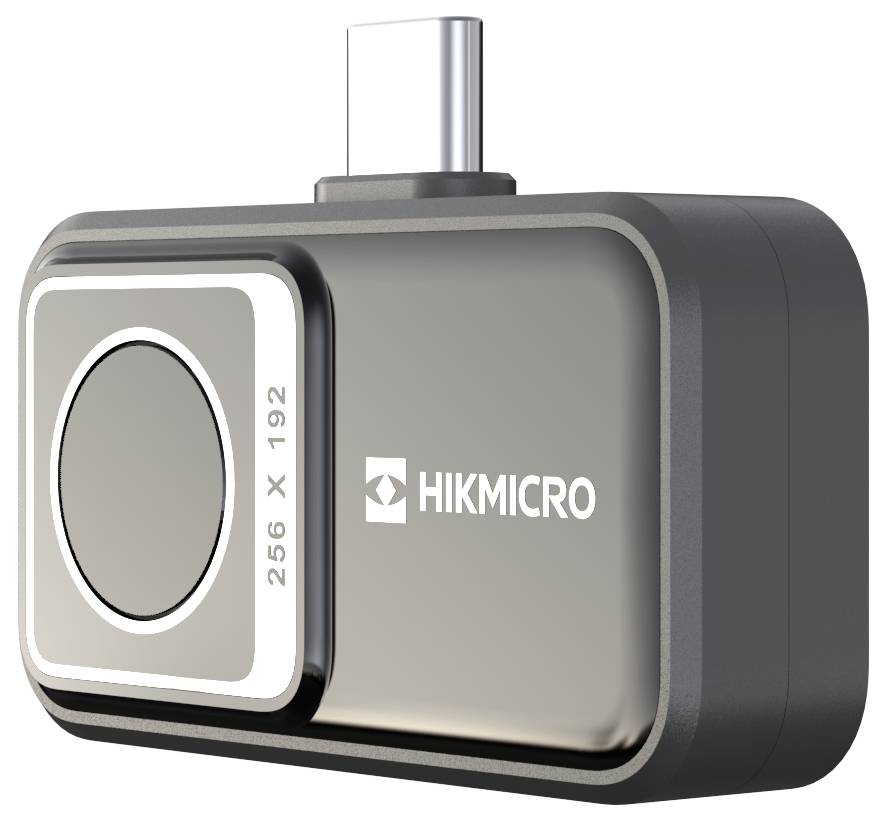 Kompakte Wärmebildkamera mit USB-C-Anschluss, hergestellt von Hikmicro, zeigt Auflösung von 256 x 192. Ideal für mobile Nutzung.