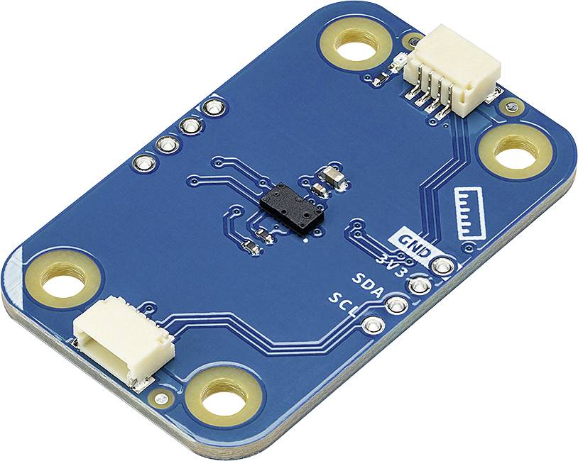Ein blaues Sensor-Board mit mehreren Anschlüssen und einem zentralen Chip, Etiketten 'GND', 'SDA', 'SCL'.