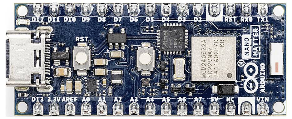 'Arduino Nano' Mikrocontroller-Platine mit USB-Anschluss und mehreren Pins, geeignet für Prototyping und Elektronikprojekte.