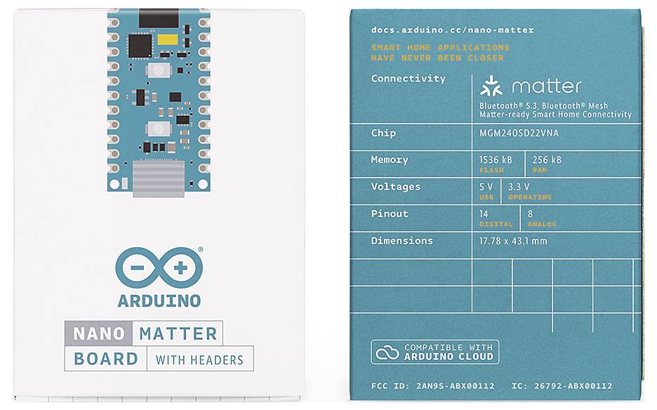 Arduino Nano Matter Board mit Kopfleisten: Bluetooth 5.3, Smart Home Anwendungen, MGM240SD22VNA Chip, 3.3V Versorgungsspannung.