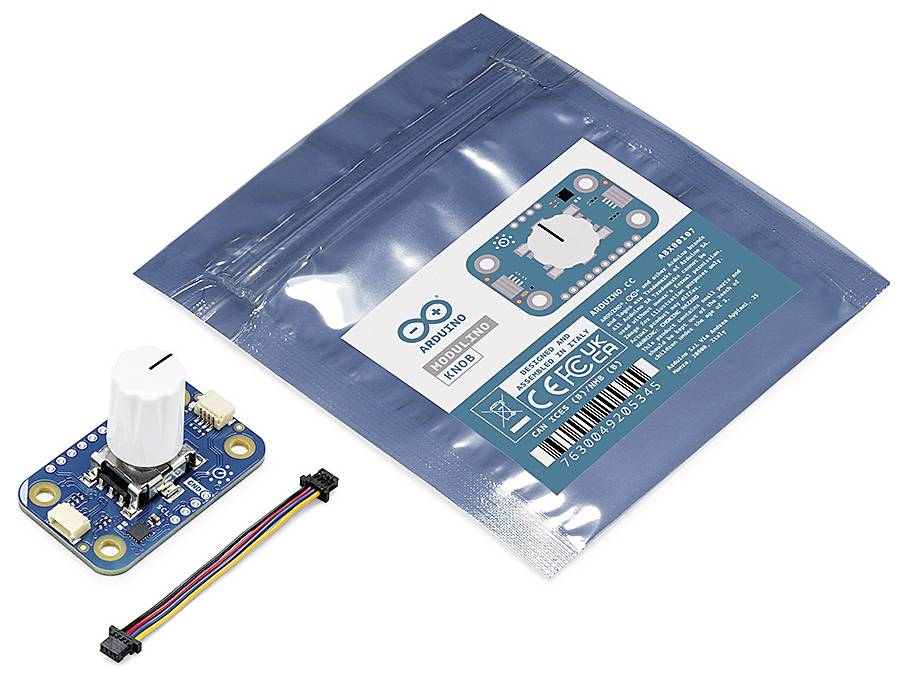 Arduino Kit bestehend aus Drehknopfmodul, Verbindungskabel und Antistatikverpackung. Enthält wesentliche elektronische Komponenten für Projekte.