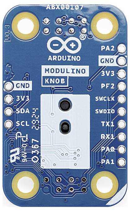 Eine blaue Arduino-Platine mit der Aufschrift 'MODULINO KNOB', zeigt verschiedene Anschlüsse wie PA2, PA1, 3V3 und GND, obere Aufsicht.