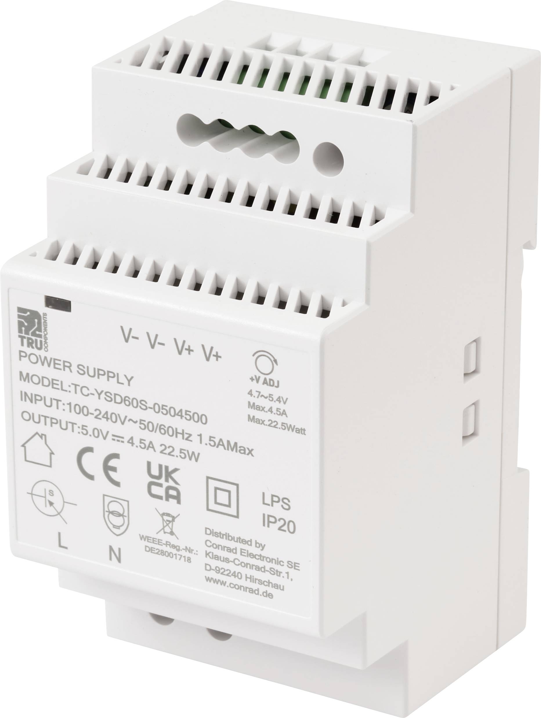 Ein weißes geschlossenes elektronisches Netzteilmodul, beschriftet mit 'POWER SUPPLY' mit Spezifikationen einschließlich Eingangs- und Ausgangsspannung und -strom.