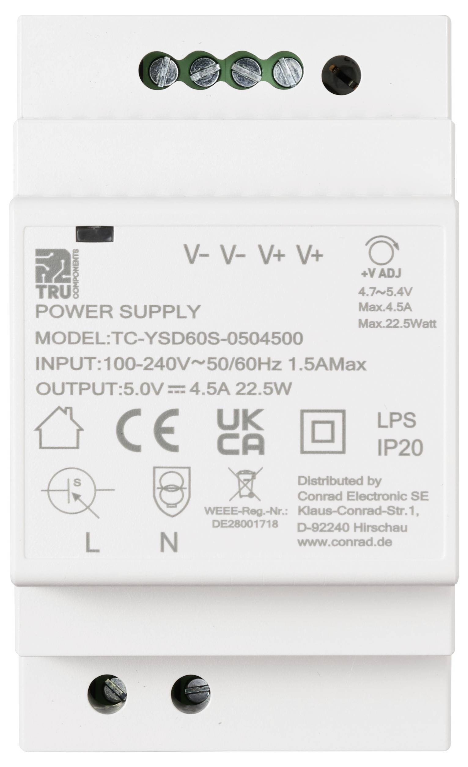 Netzteil mit Modell 'TC-YSD60S-0504500', Eingangsspannung 100-240V~50/60Hz 1,5A max, Ausgangsspannung 5,0V= 4,5A 22,5W, UKCA-zertifiziert.