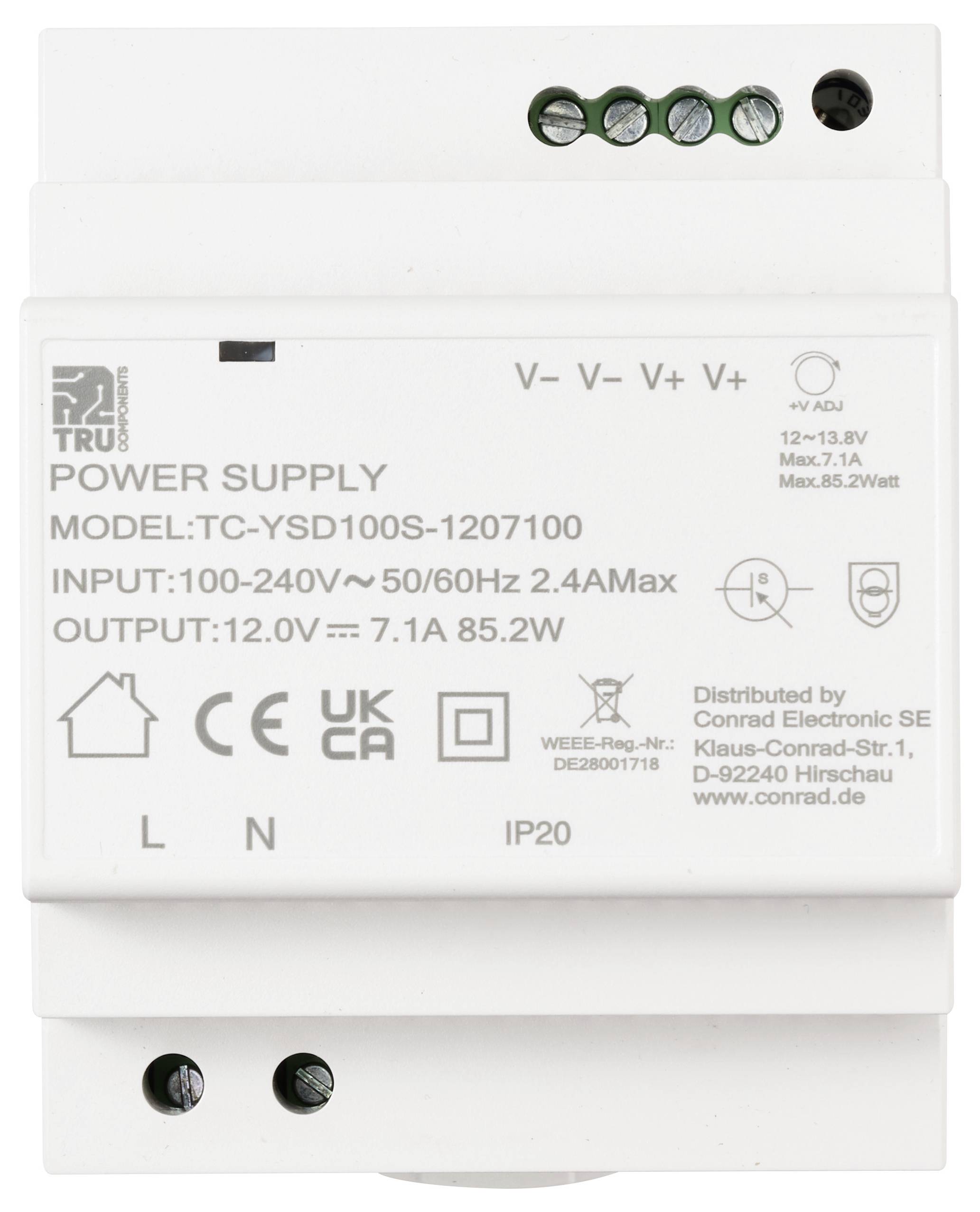 Netzteilmodul, Modell TC-YSD100S-1207100, Eingangsspannung 100-240V, Ausgangsspannung 12,0V. Vertrieben von Conrad Electronic SE.