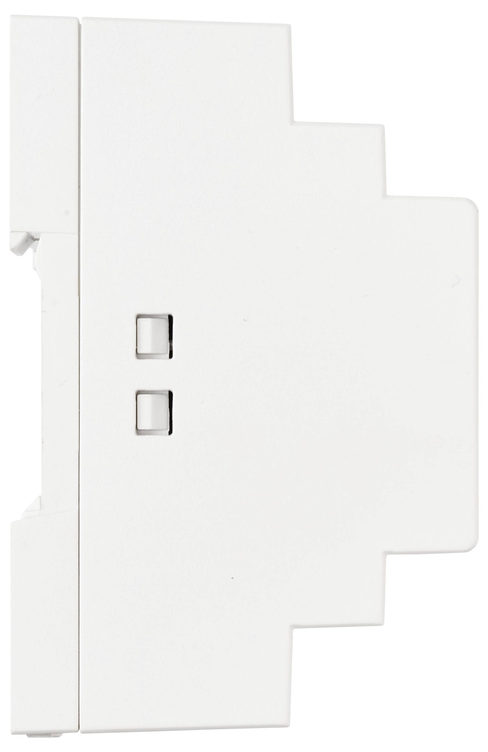 Ein weißes, stufenförmiges elektronisches Modul mit zwei kleinen rechteckigen Tasten auf seiner flachen Seite.