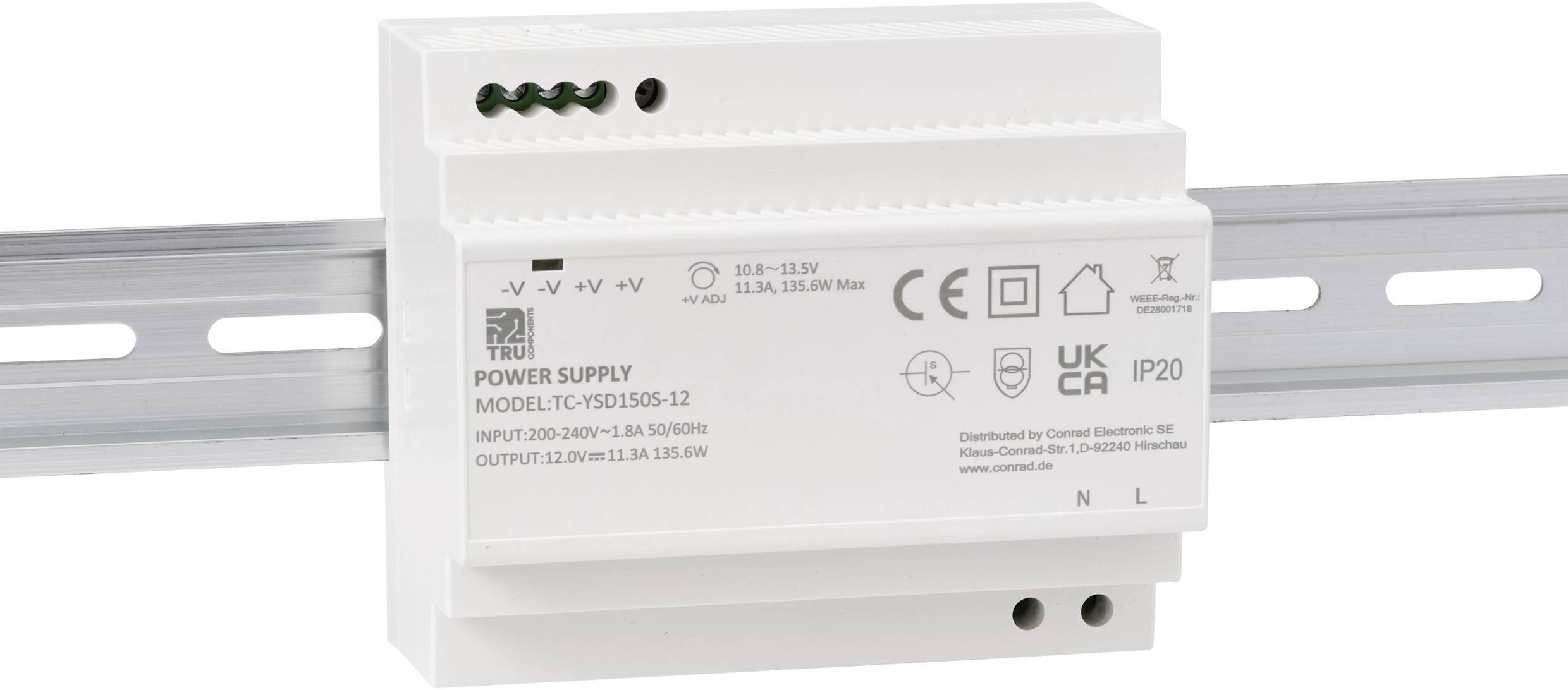 'TRU Power Supply Model TC-YSD150-12' auf einer Hutschiene. Eingangsspannung: 220-240V, 1,3A, 50/60Hz; Ausgangsspannung: 12V, 12,5A, max. 150W; Zertifizierungen: CE, UKCA.