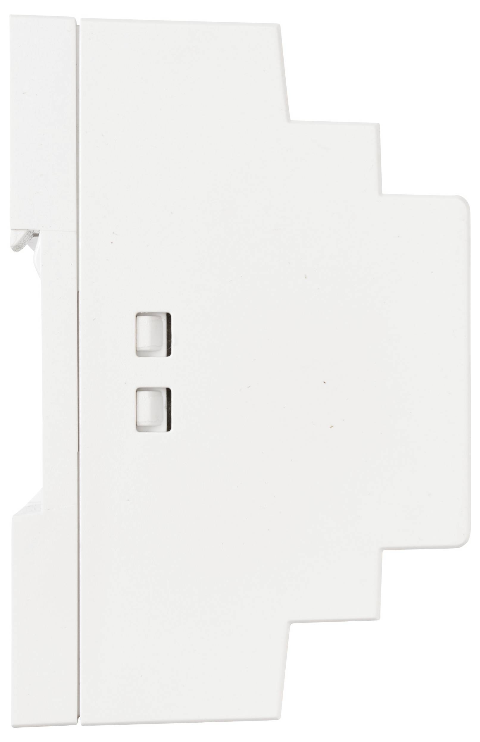 Ein weißes, rechteckiges elektrisches Gerät mit zwei kleinen quadratischen Ausschnitten zur Befestigung, von der Seite betrachtet.