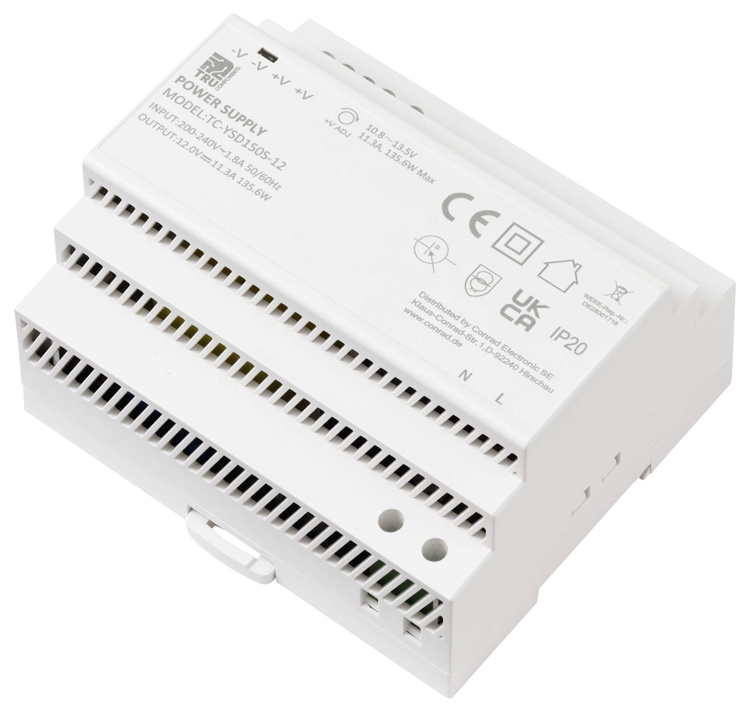 Ein weißes elektronisches Netzteilmodul mit technischen Spezifikationen und Zertifizierungslogos auf der Oberfläche, vorgesehen für elektrische Systeme.