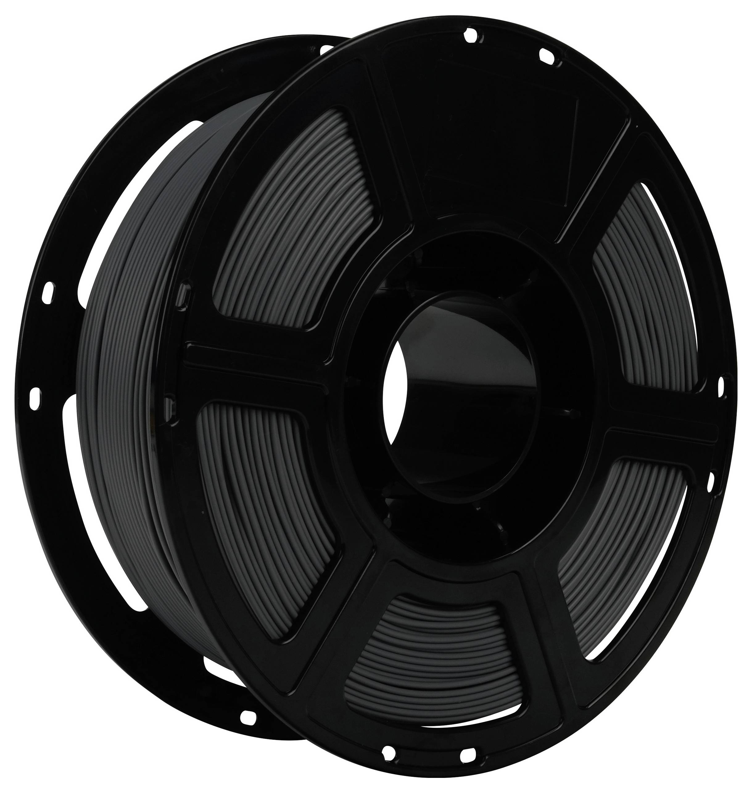 Eine Rolle schwarzen Kunststofffilaments für den 3D-Druck, ordentlich auf einer Spule gewickelt.