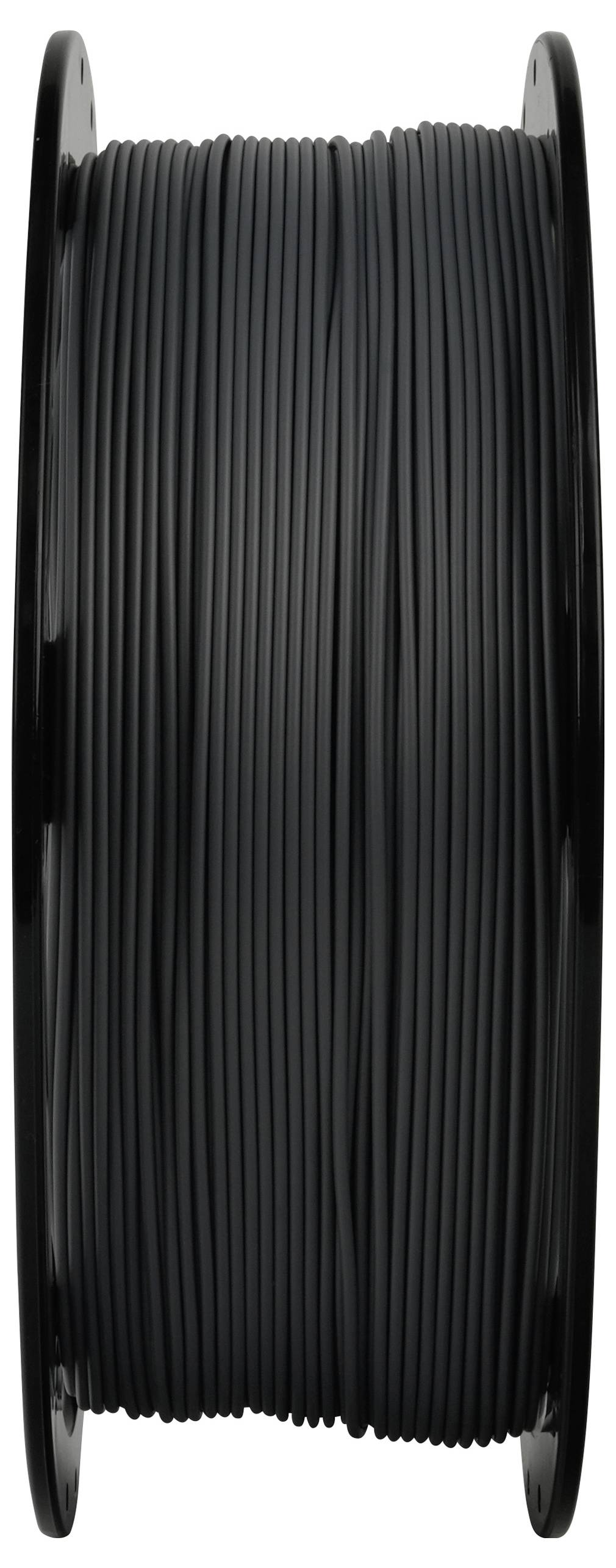 Eine Spule schwarzen Filaments, typischerweise für den 3D-Druck verwendet, ordentlich auf einer Rolle aufgewickelt.
