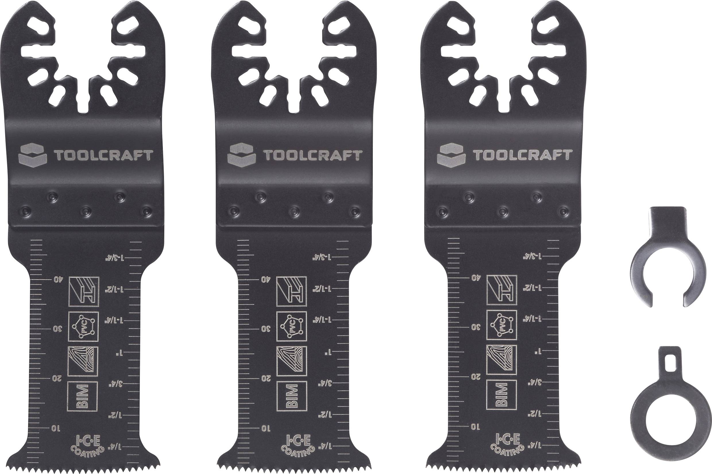 Drei schwarze oszillierende Multifunktions-Werkzeugklingen mit Linealmarkierungen und Markenkennzeichnung, begleitet von zwei schwarzen Zubehörteilen auf der rechten Seite.