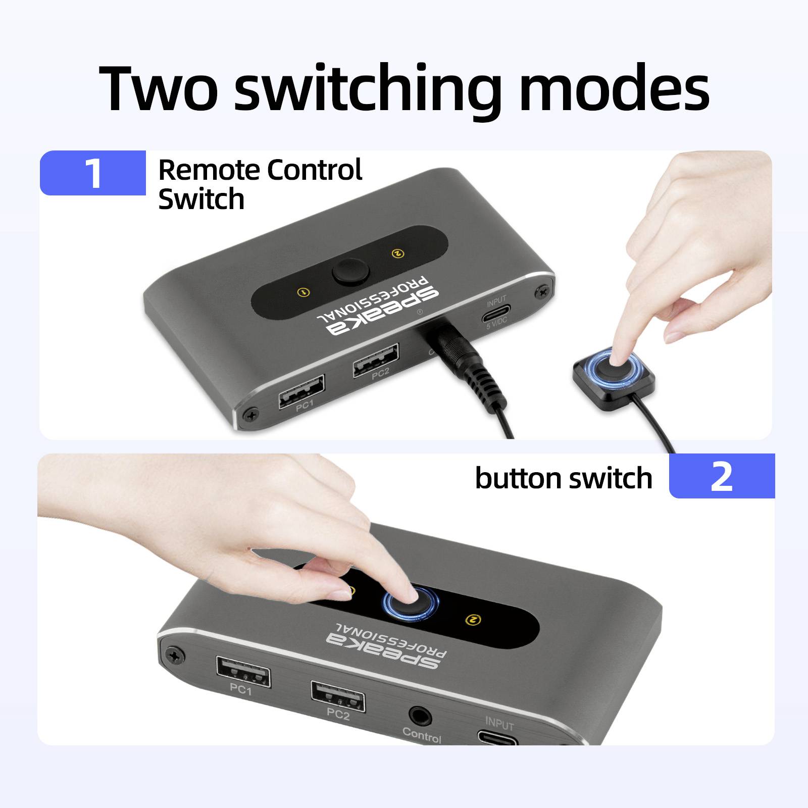 Das Bild zeigt einen dualen HDMI-Switch. Modus 1 verwendet einen Fernbedienungsschalter und Modus 2 ist ein manueller Tastenschalter, was durch eine Hand demonstriert wird.