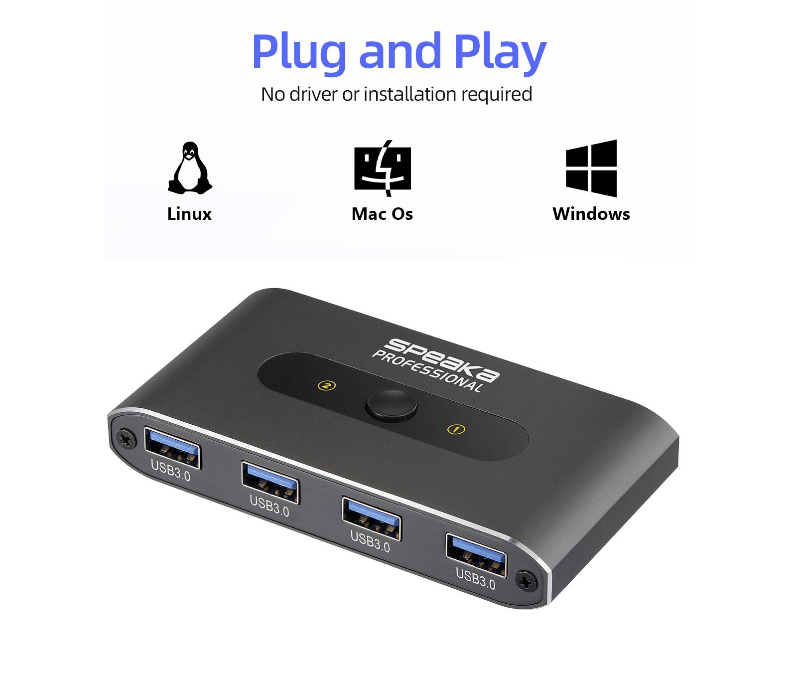 Ein schwarzer USB-Hub mit vier USB-3.0-Anschlüssen. Text darüber liest sich 