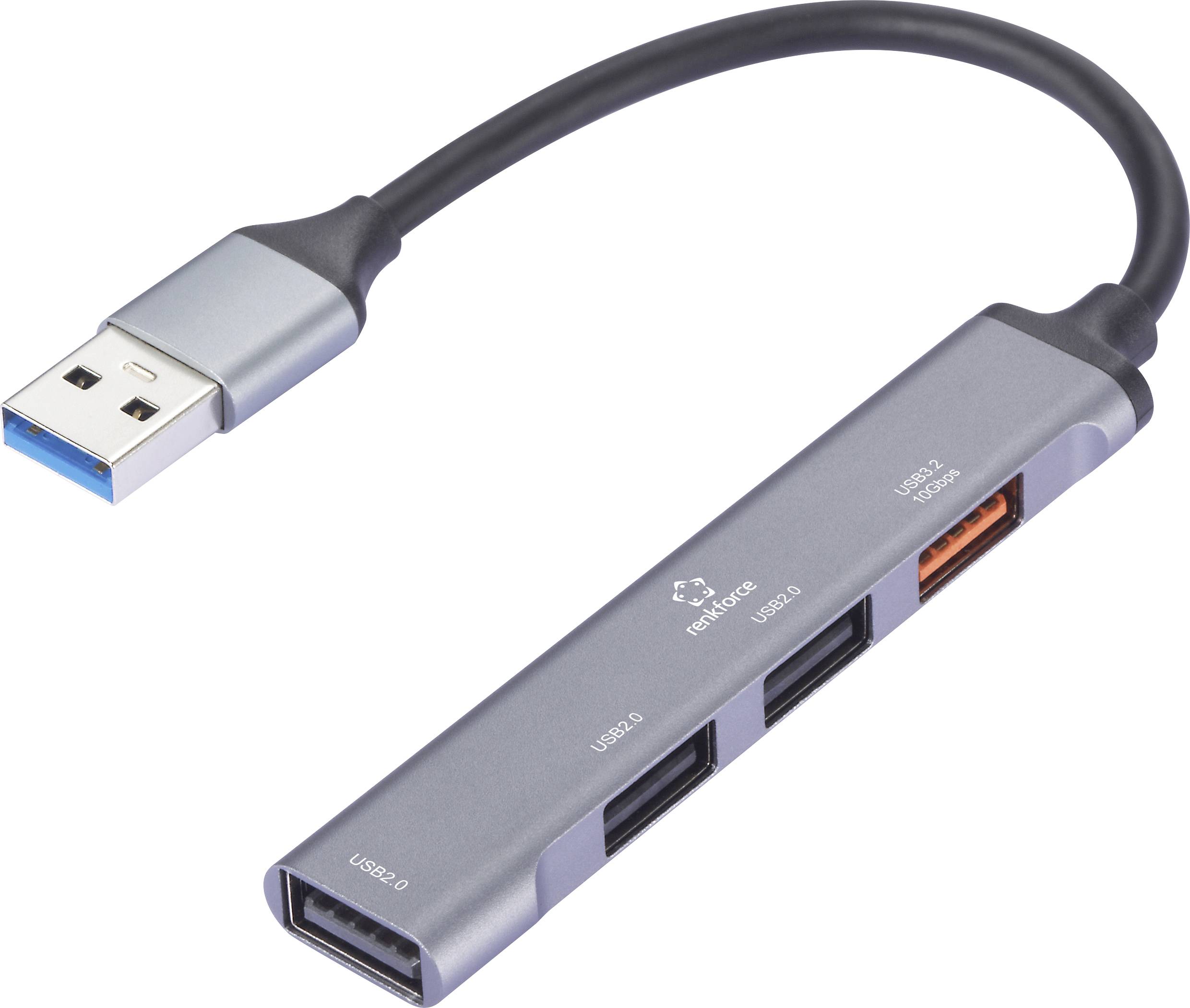 Ein USB-Hub mit einem einzelnen USB-3.0-Anschluss und mehreren Anschlüssen für USB-2.0- und USB-3.0-Geräte sowie einen Kartenleser, der zur Erweiterung der Konnektivität verwendet wird.